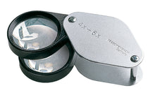 Load image into Gallery viewer, 2 small circular magnifying lens encased in black metal, with a silver coloured fold-out case with magnification written on case.

