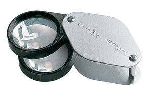 2 small circular magnifying lens encased in black metal, with a silver coloured fold-out case with magnification written on case.