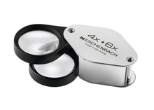 Load image into Gallery viewer, 2 small circular magnifying lens encased in black metal, with a silver coloured fold-out case with magnification written on case
