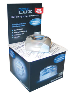 Ultra flat, circular magnifying lens with square, clear casing. Displayed on product box , magnifying text.