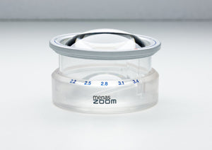 Circular magnifier with twist-to-extend feature fully extended and 'menas zoom' on base of product.