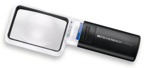 Mobilux LED, rectangular magnifier surrounded by white casing with a black handle and LED light switch.