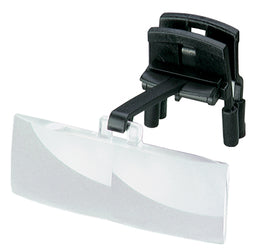 Magnifying lens with black clip and plastic arm.