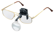 Load image into Gallery viewer, Monocular (circular) lens on black arm and clip, attached to glasses.
