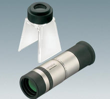 Load image into Gallery viewer, Handheld monocular with silver colour coating and black eyepiece, next to stand with eyepiece for converting monocular to stand magnifier or stand microscope
