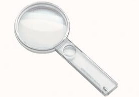 Circular magnifier with clear housing and small circular magnifying lens in handle.