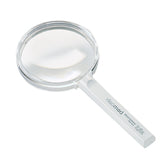 Circular magnifier with clear handle, product name and magnification on handle 