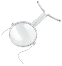 Load image into Gallery viewer, Clear plastic encasing large circular magnifying lens with a smaller, higher powered magnifying lens below. Clear feet designed to sit on chest and neck strap are shown.
