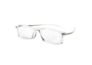 Bifocal frame with clear front and gun-metal temples