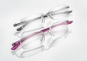Ready readers, rectangular lens with silver or purple temples.