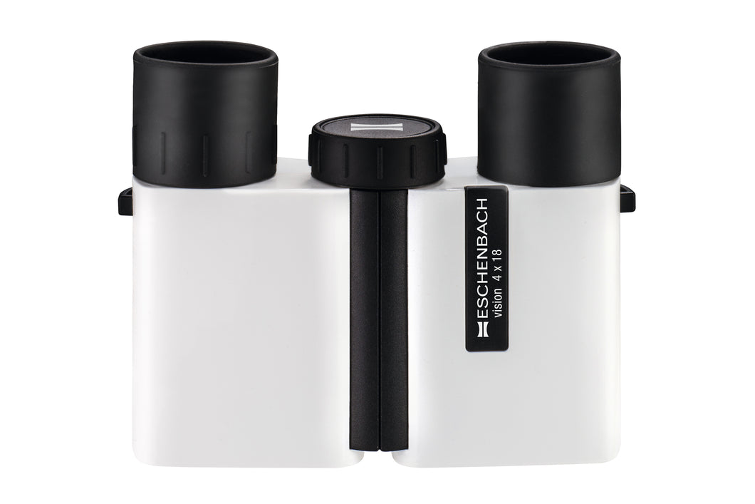 Compact binocular with sleek white coating and black eyepieces and focusing wheel.